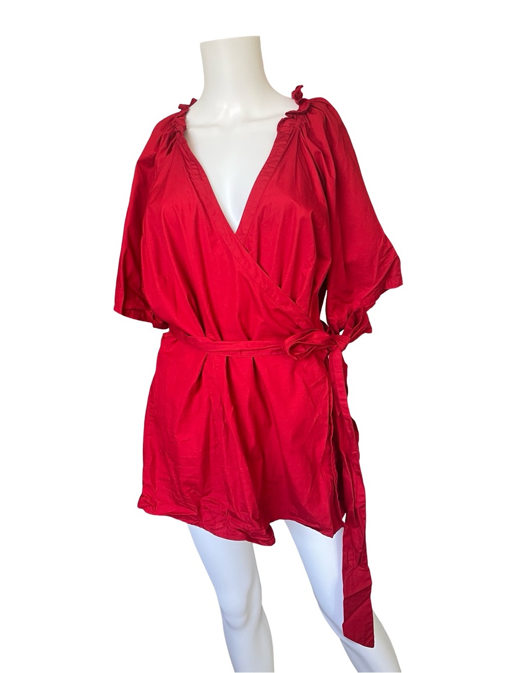 Eshakti Red Wrap Blouse Cotton Ruffle Short Sleeve Polished Old Money Feminine - Picture 9 of 9